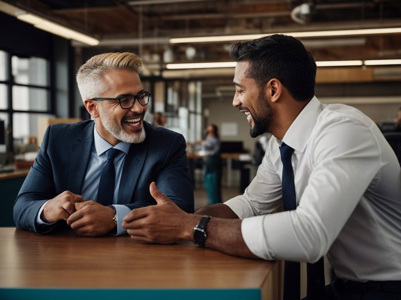 Two businessmen smiling, having a discussion